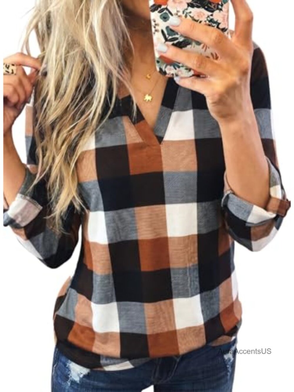 Dokotoo Women's Plaid Cotton 3/4 Sleeve Blouse V-Neck Pullover